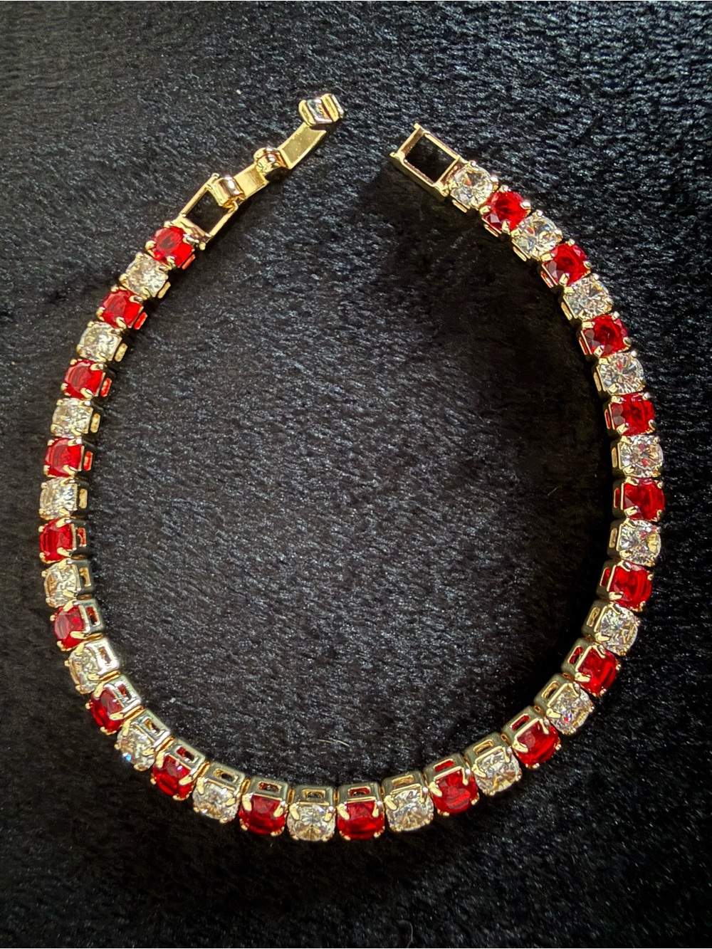 18K Gold-Filled “Candy Cane” Tennis Bracelet with Cherry Red Garnet and Clear CZ